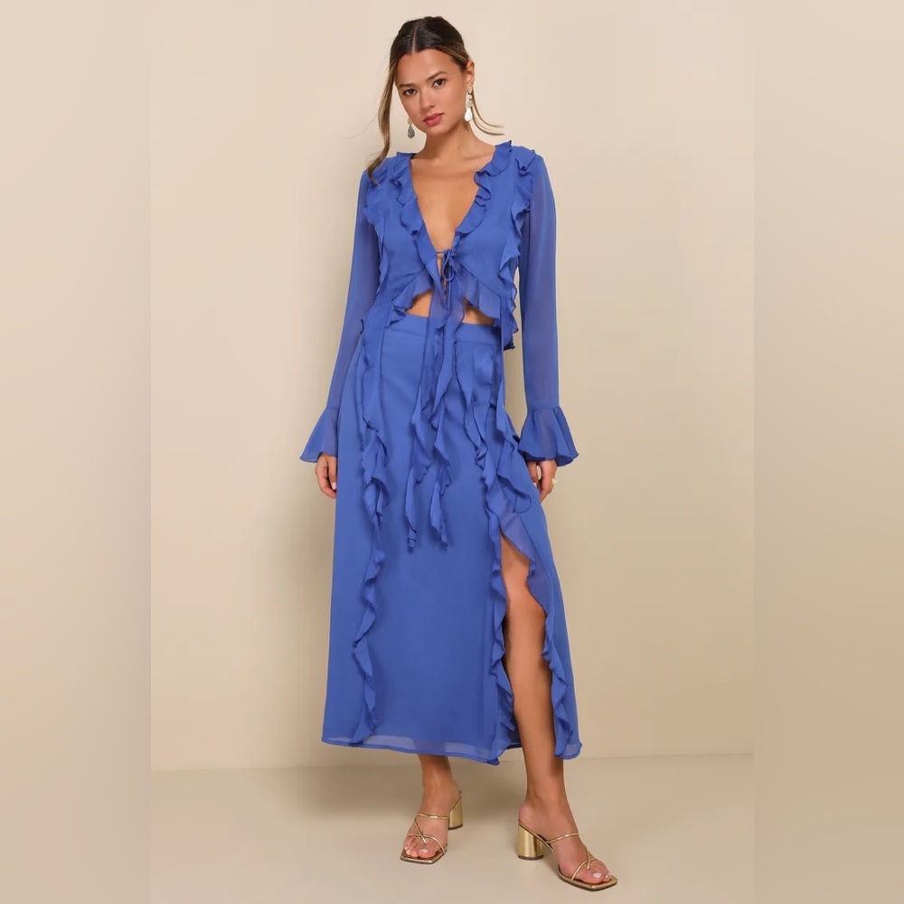 Destined to Stun Blue Chiffon Ruffled Long Sleeve Tie-Front Top and Midi Skirt